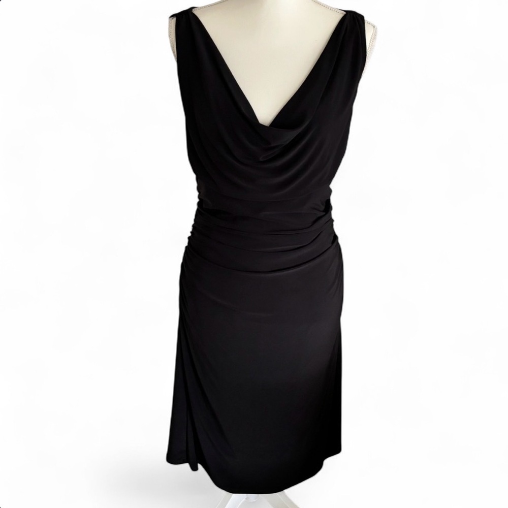 NWOT Lauren Ralph Lauren Black Draped Cowl Neck Ruched Midi Cocktail Dress 14